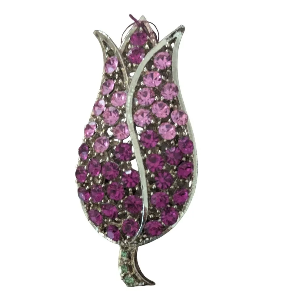 Vintage-Style Pink & Purple Rhinestone Tulip Brooch – Gold Tone Floral Pin